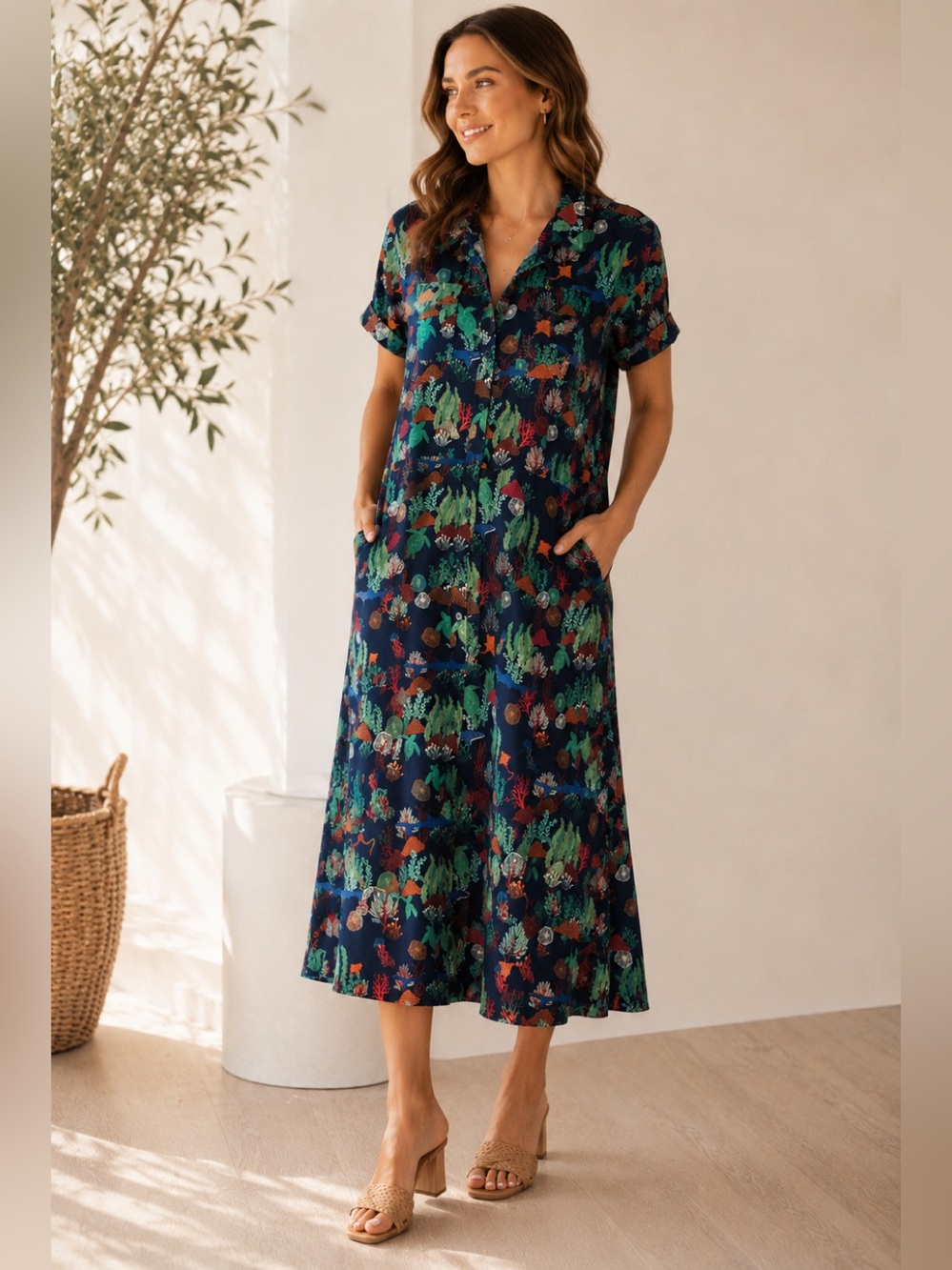 Sugarhill Brighton Dessie Underwater Scene Midi Shirt Dress US 14 Marine Print